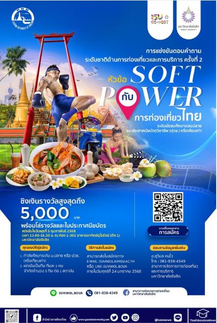 ว.การท่องเที่ยวฯ ม.รังสิต ร่วมกับ ททท. ชวนน้องม.ปลาย แข่งตอบคำถามระดับชาติ ครั้งที่ 2 “Soft Power กับการท่องเที่ยวไทย”