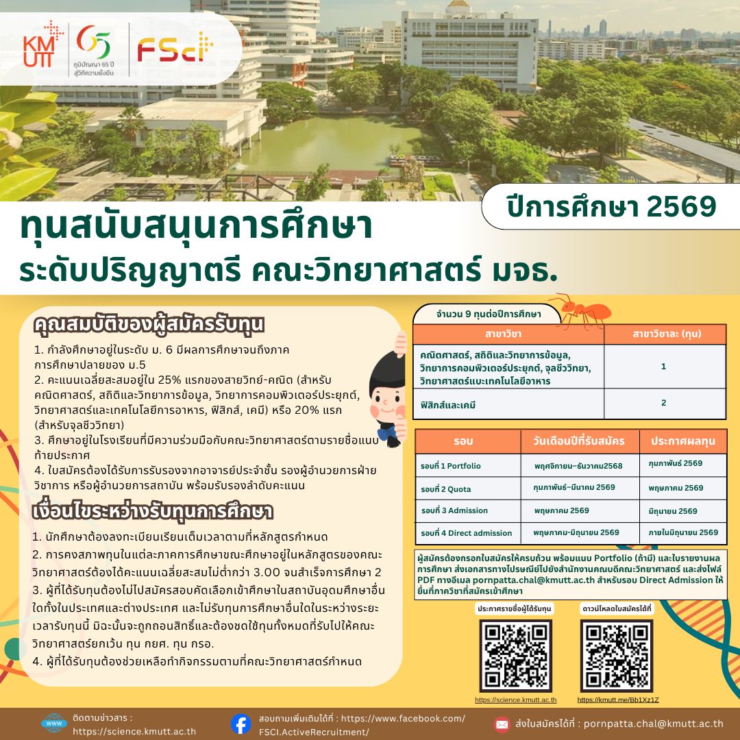 โอกาสดีสำหรับน้องๆ ม.6 สายวิทย์ คณะวิทยาศาสตร์ มจธ. เปิดรับสมัคร ทุนสนับสนุนการศึกษา ปีการศึกษา 2569